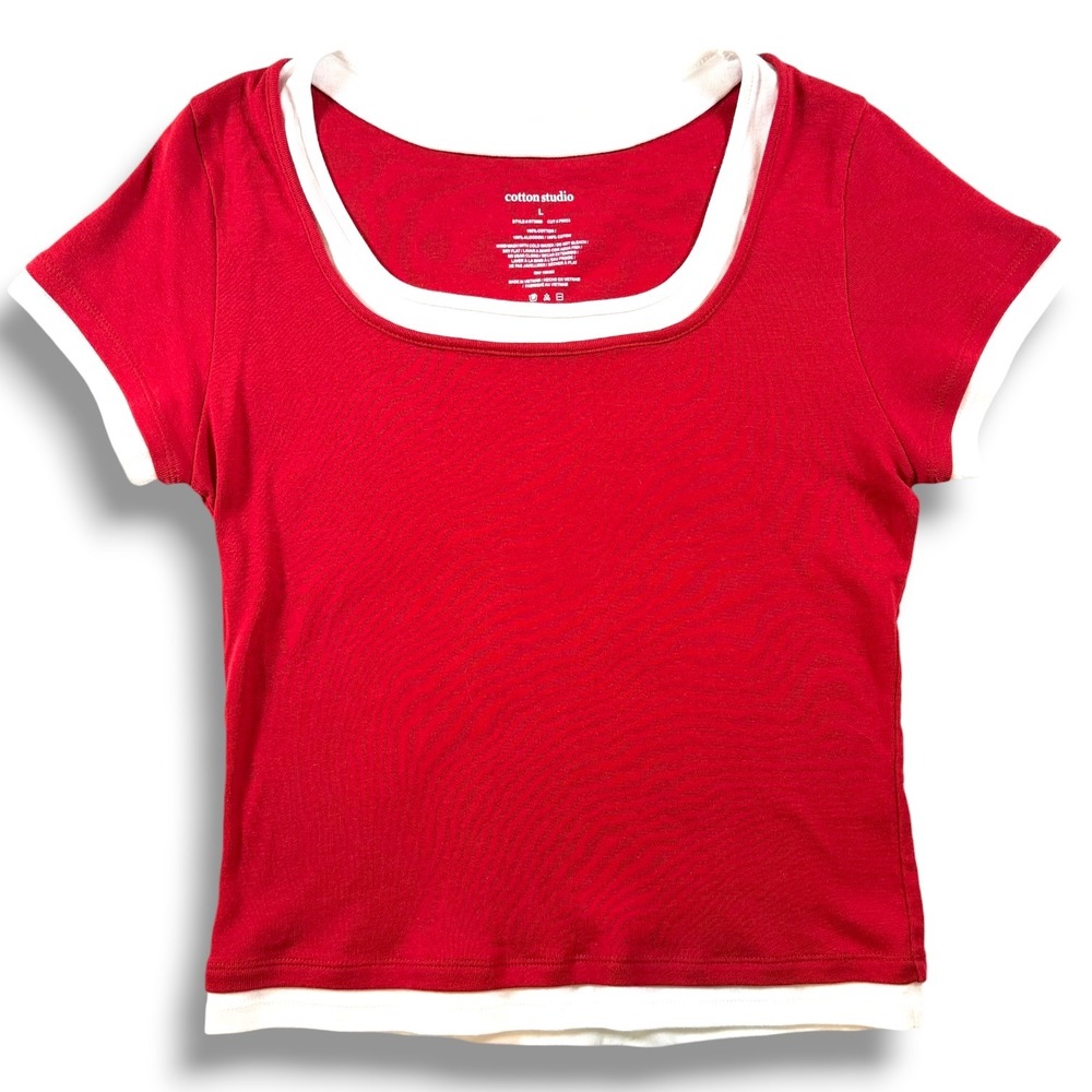 Y2K Cotton Studio Red White Layered Look Ringer Baby Tee Womens Large NEW